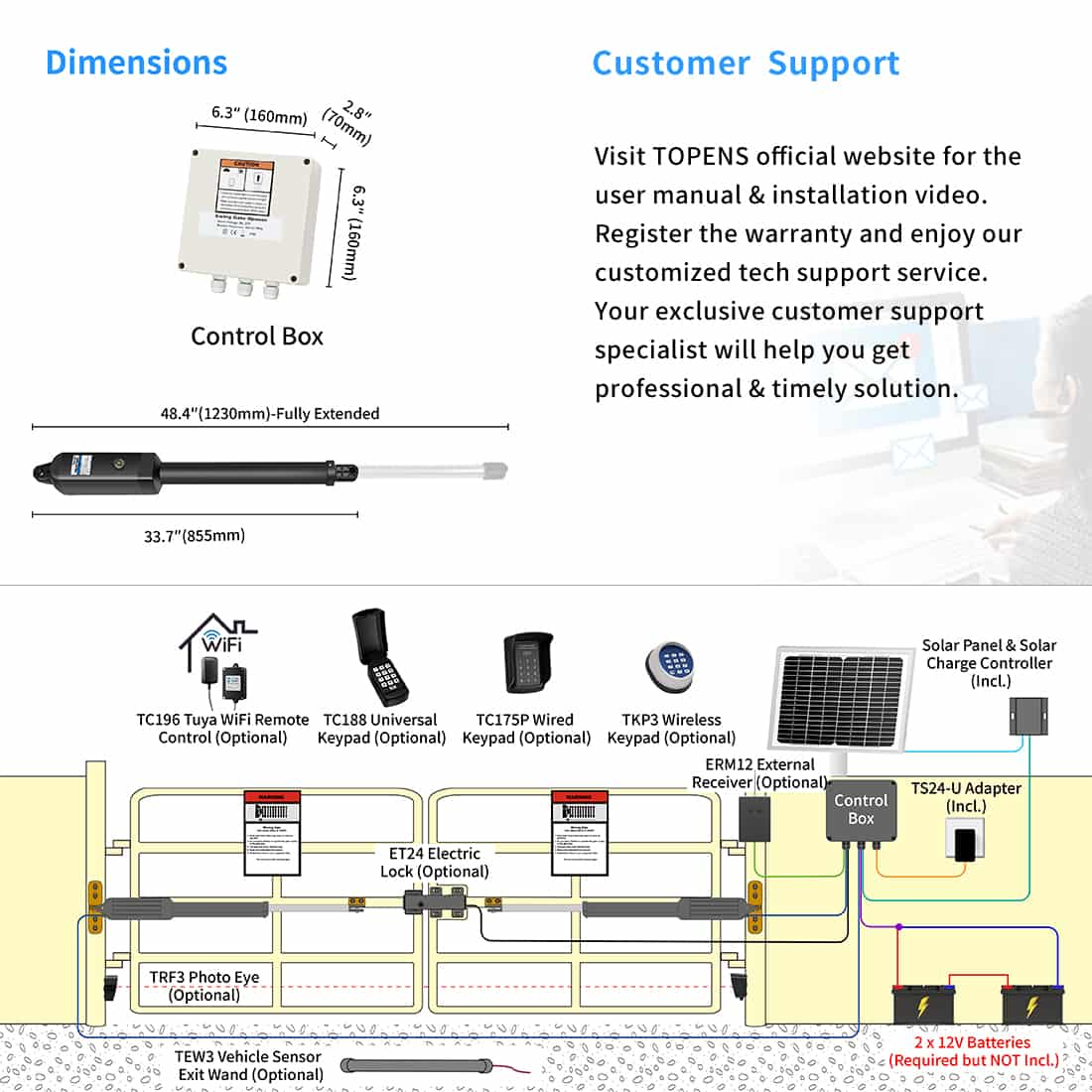 TOPENS AD5S/AD8S Solar Panel Gate Opener Kit