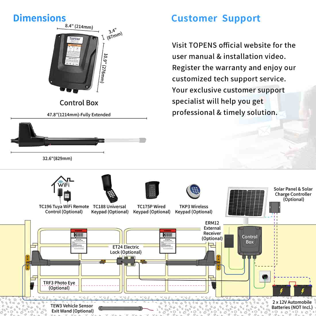 AT1202 Double Swing Gate Automation Kit Dimension and Installation Overview