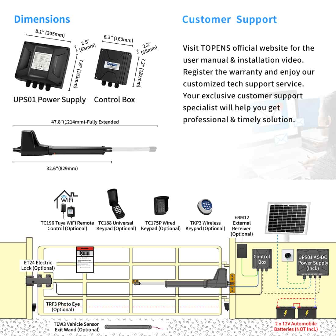 AT12131S Solar Power Gate Opener Dimension and Installation Overview