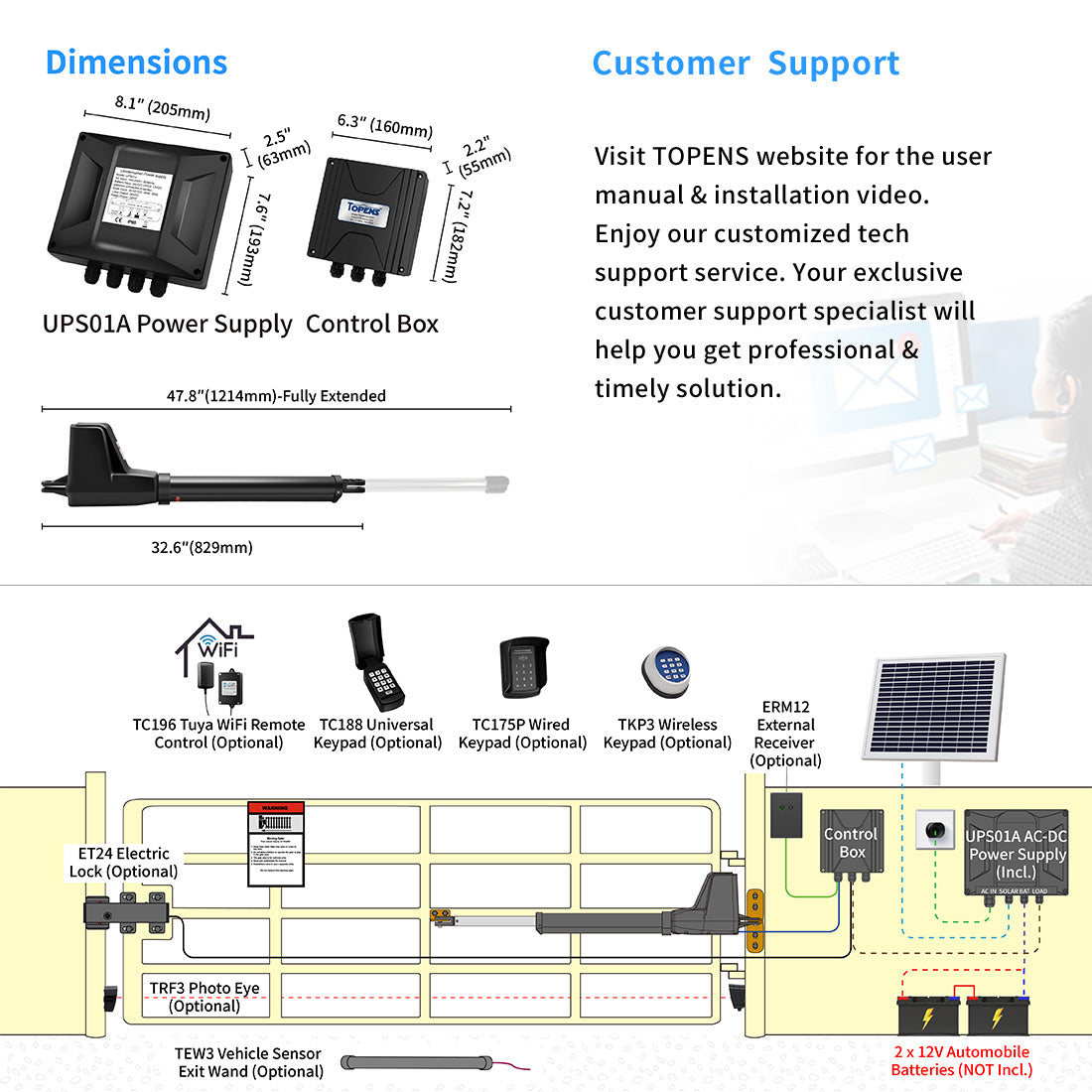 AT12131S Solar Power Gate Opener Dimension and Installation Overview