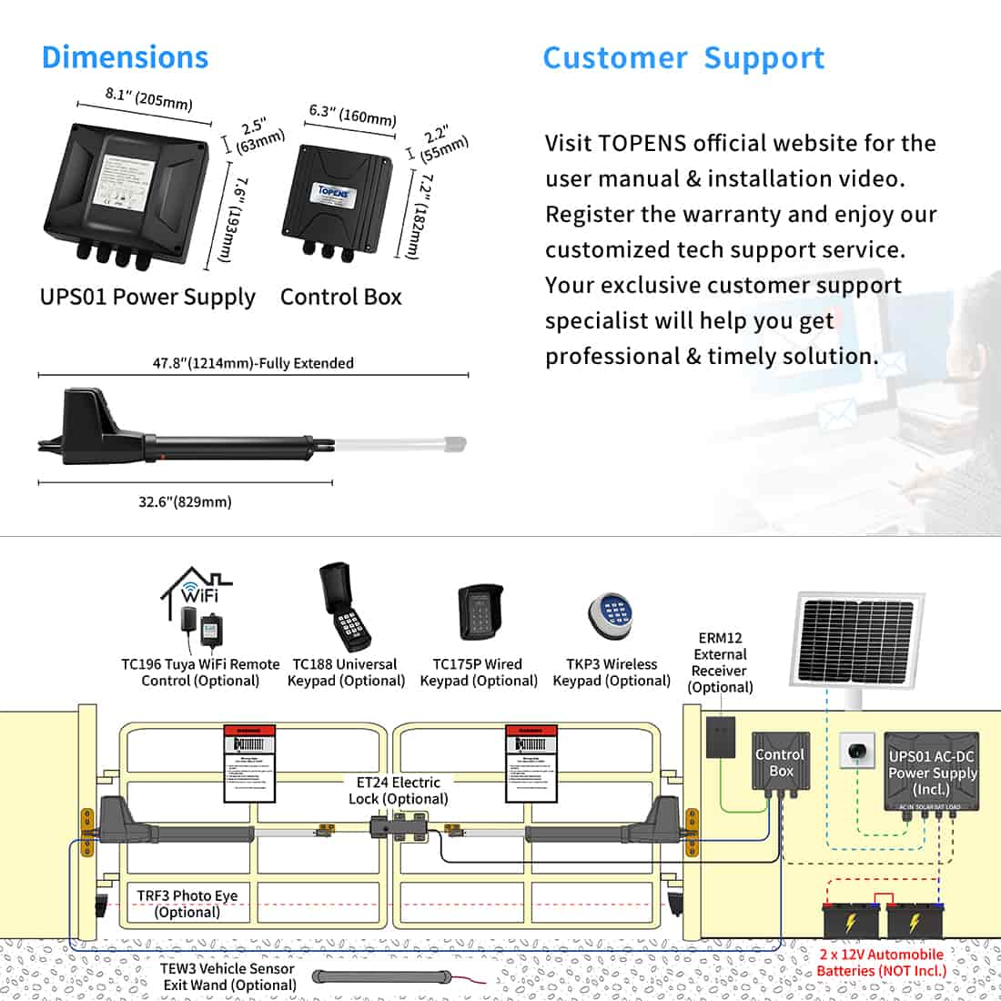 AT12132S Solar Dual Gate Opener Dimension and Installation Overview