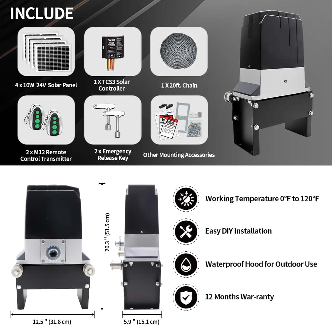 DKC2000S Solar Slide Gate Opener Kit Dimension and Packing