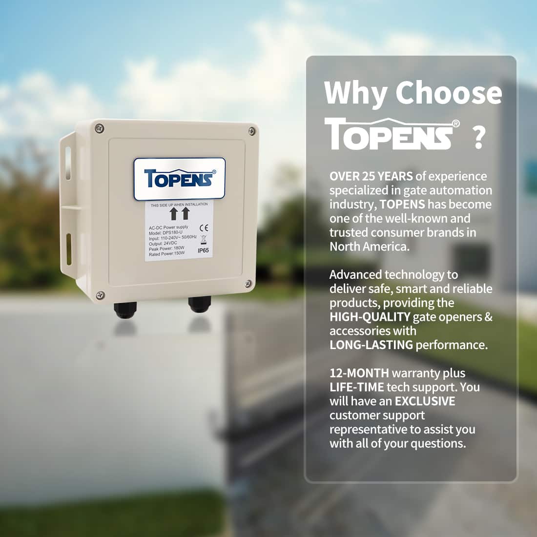 DPS180-U Waterproof AC to DC Power Supply Adapter for TOPENS Gate Opener