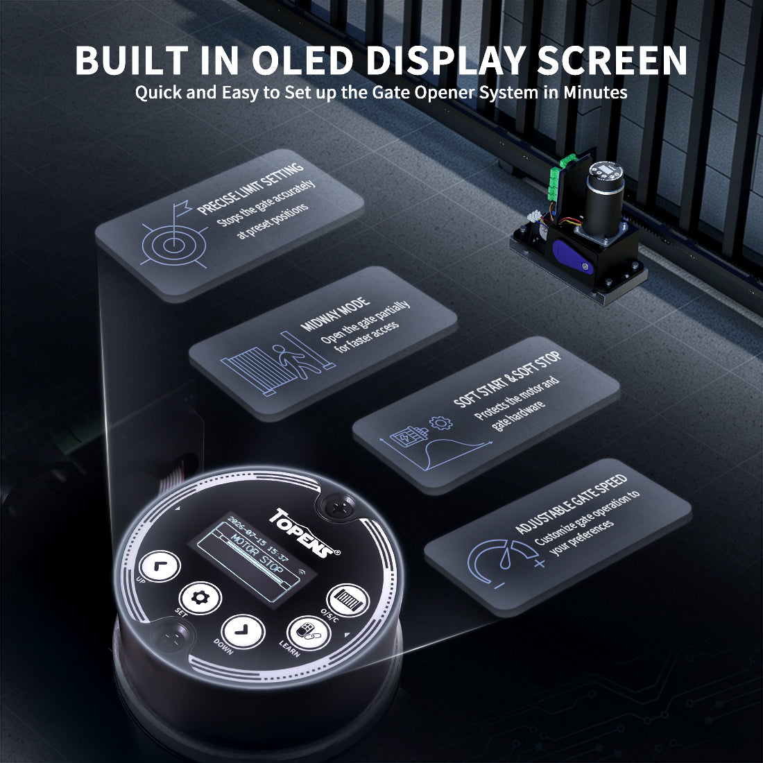 BUILT IN OLED DISPLAY SCREEN with buttons to Quick and Easy to Set up the Gate Opener System in Minute