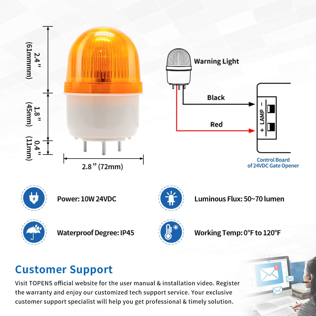 JD24VY 24V Warning Light Dimension and Wire Connection