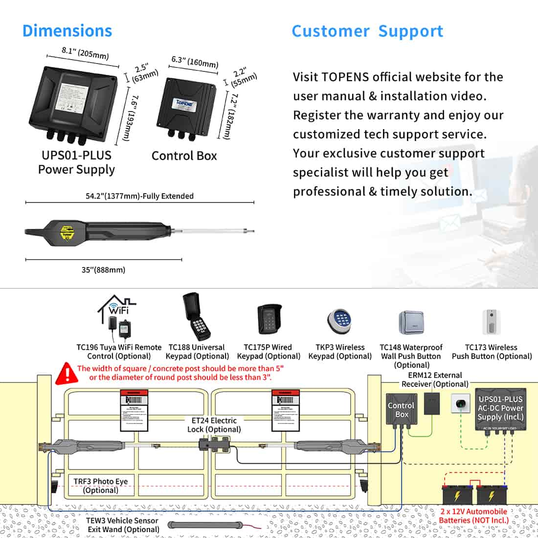 JY9132 Dual Gate Opener Dimension and Installation Overview