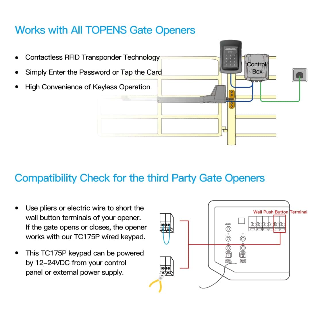 TC175P Wired Keypad for Automatic Gate Garage Door Opener Compatibility