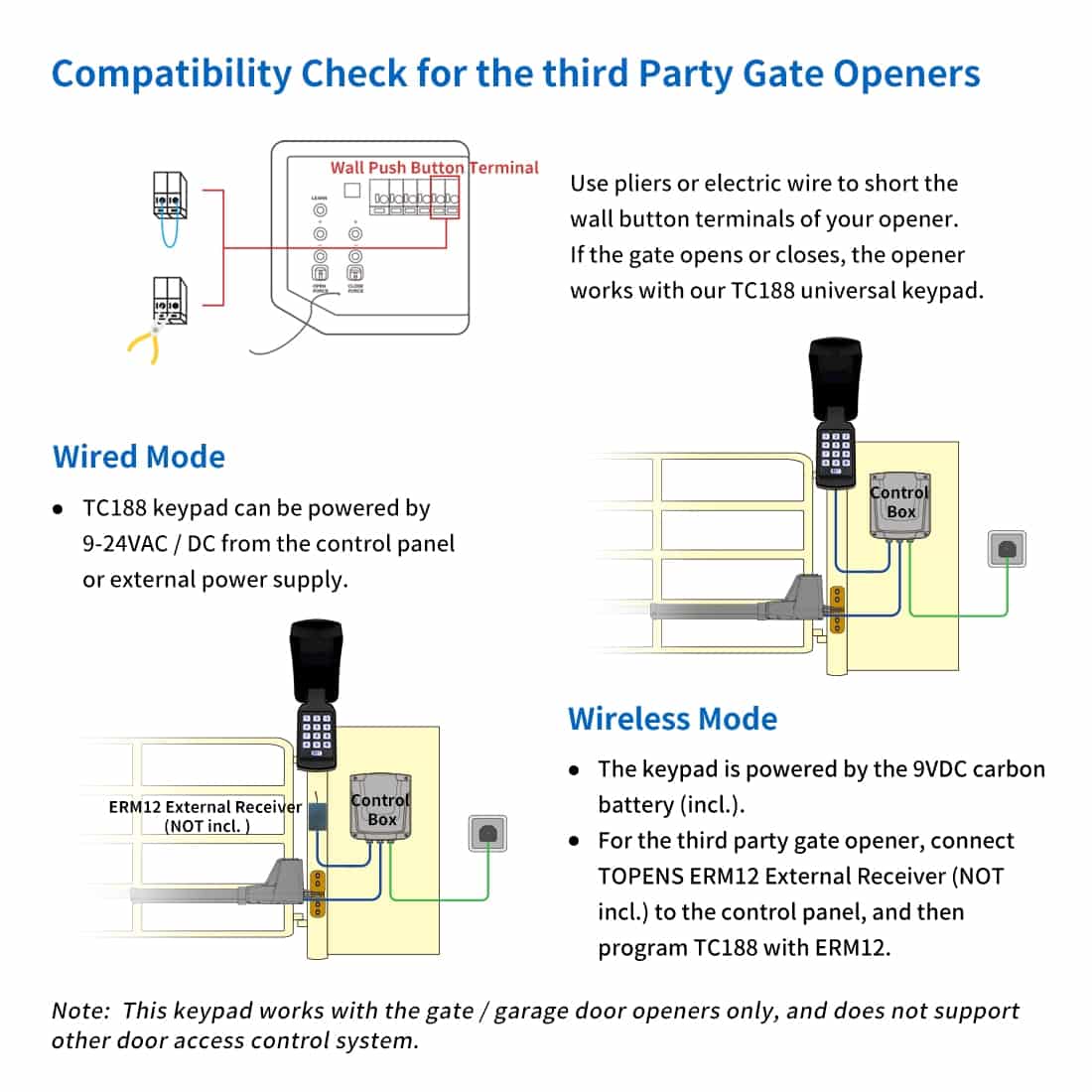 TC188 Wireless Gate Opener Keypad for Other Brand Gate Opener