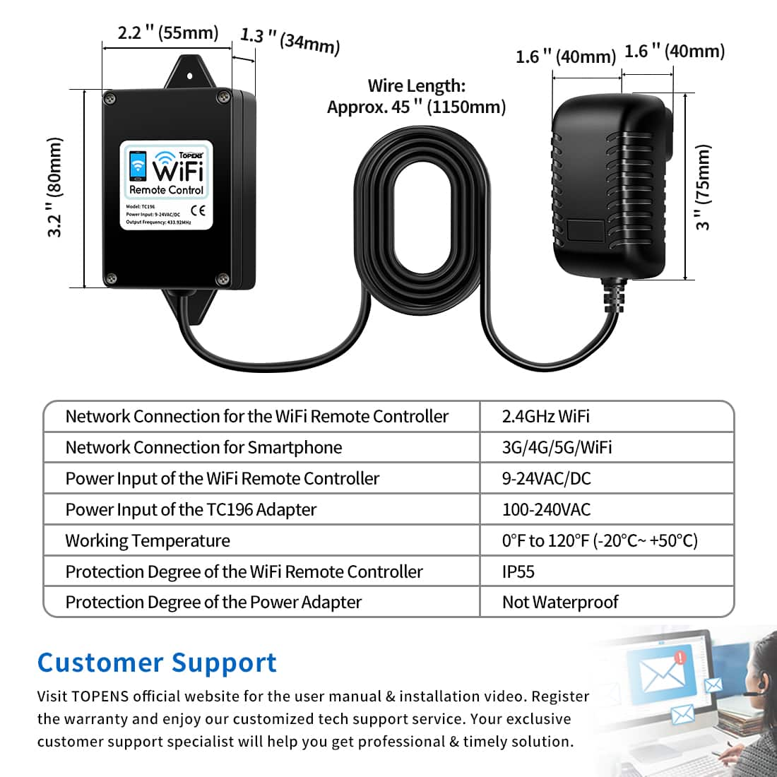 TC196 WiFi Remote Control Dimension and Specification