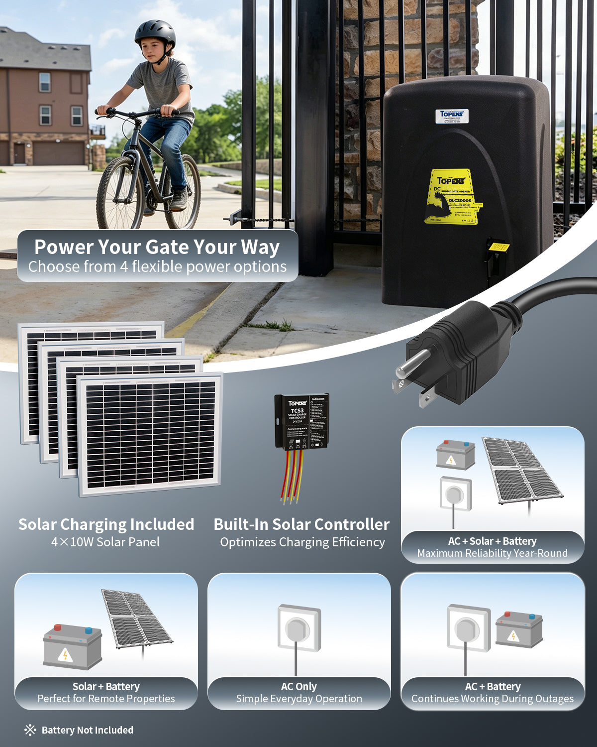 TOPENS DLC2000S Solar Sliding Gate Opener Chain Drive Flexible Power Modes