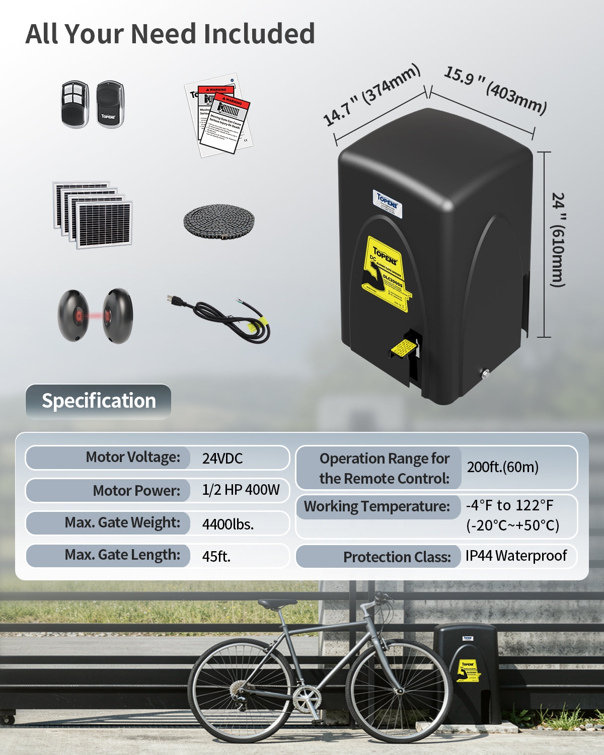 TOPENS DLC2000S Solar Sliding Gate Opener Chain Drive Package Included and Specification