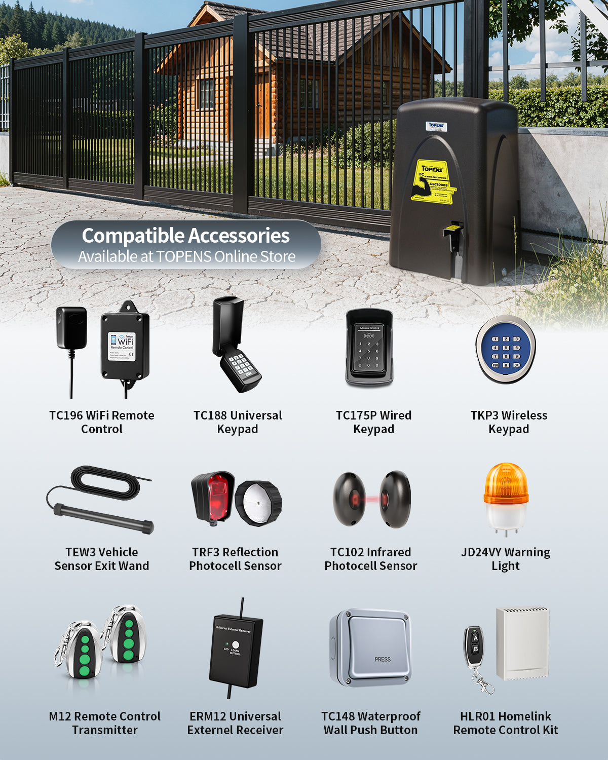 TOPENS DLC2000S Solar Sliding Gate Opener Chain Drive Compatible Accessories