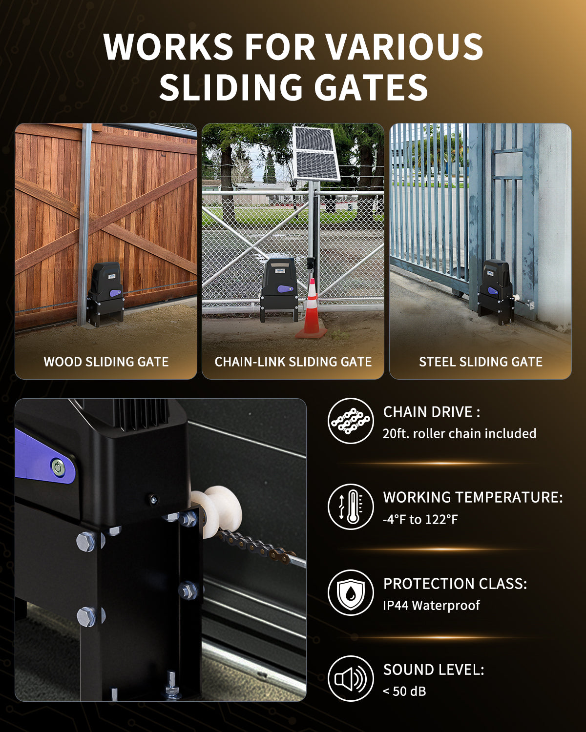 DWC1100S Solar Sliding Gate Opener Chain Drive Works for Various Sliding Gates