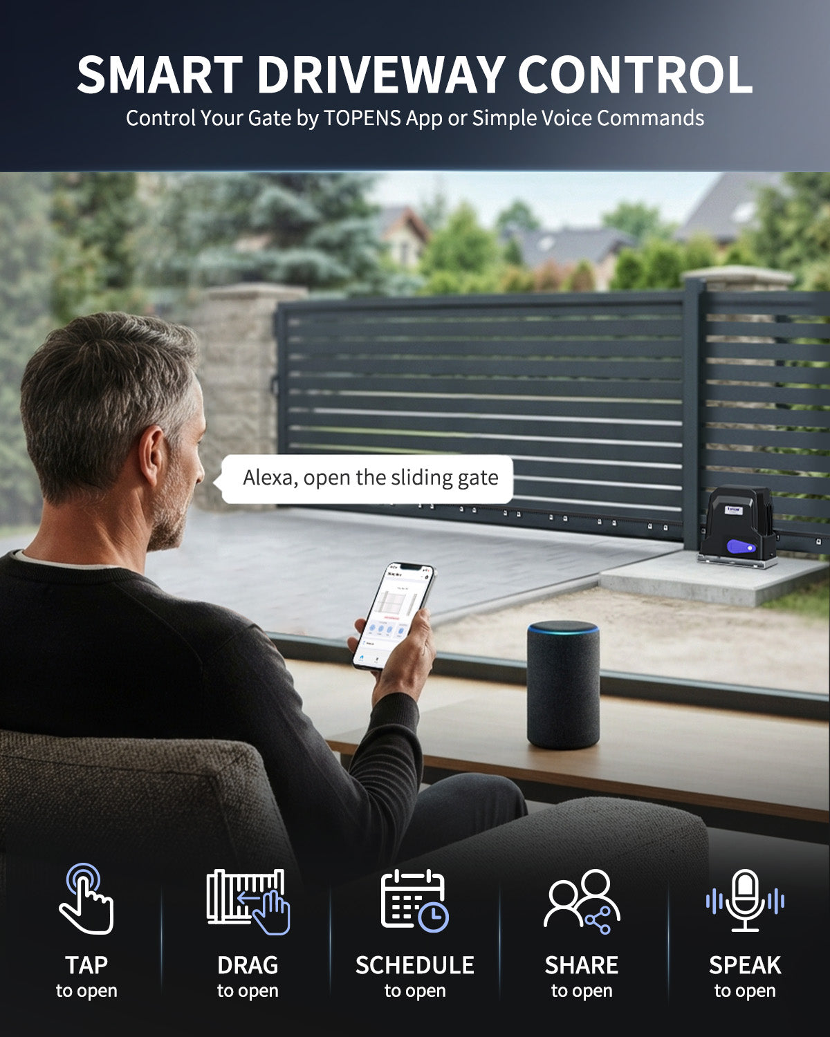 DWR500ST Solar Sliding Gate Opener Rack Drive Smart Driveway Control - Control Your Gate by TOPENS App or Simple Voice Commands