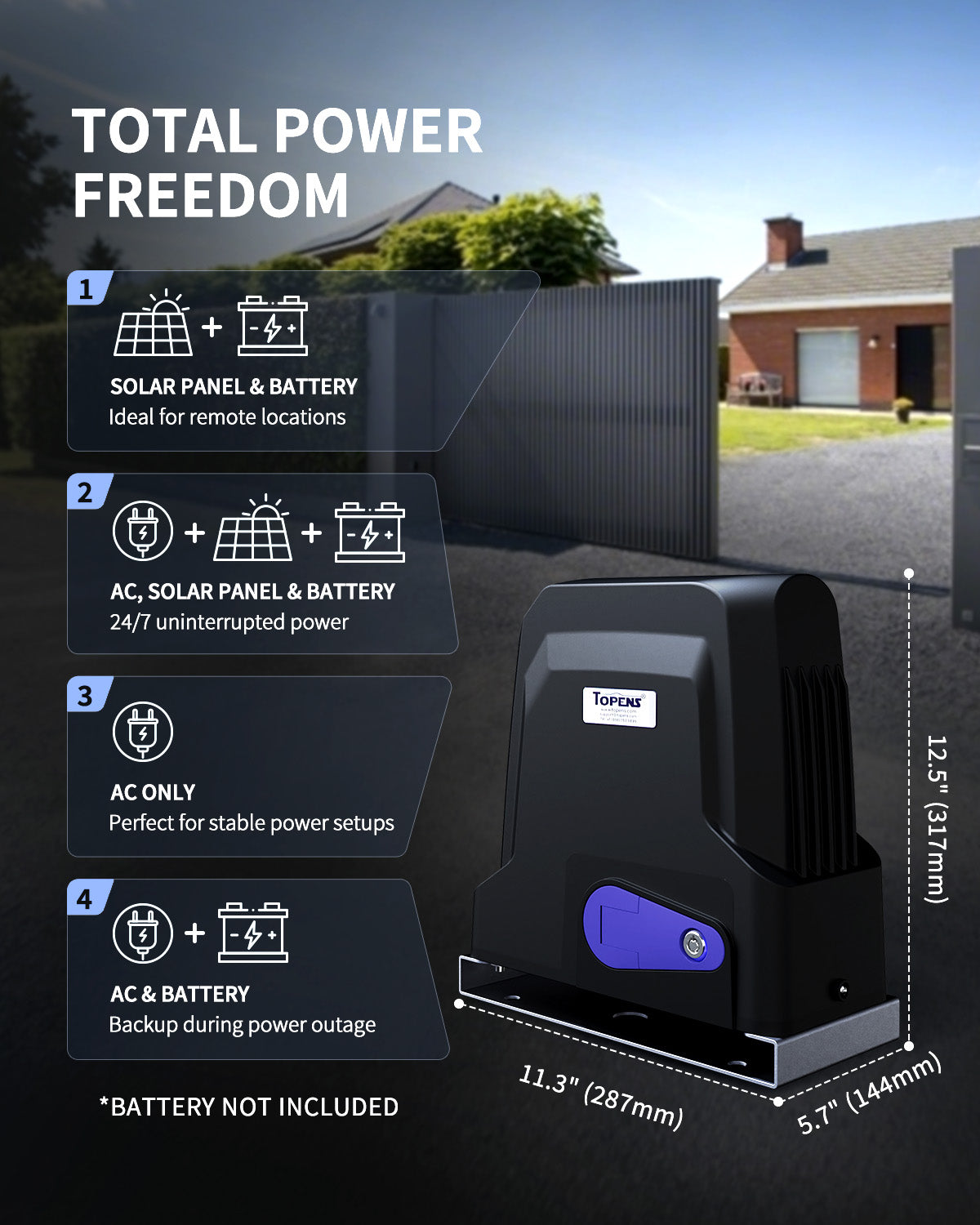DWR500ST Solar Sliding Gate Opener Rack Drive Total Power Freedom - Support Multiple Power Modes