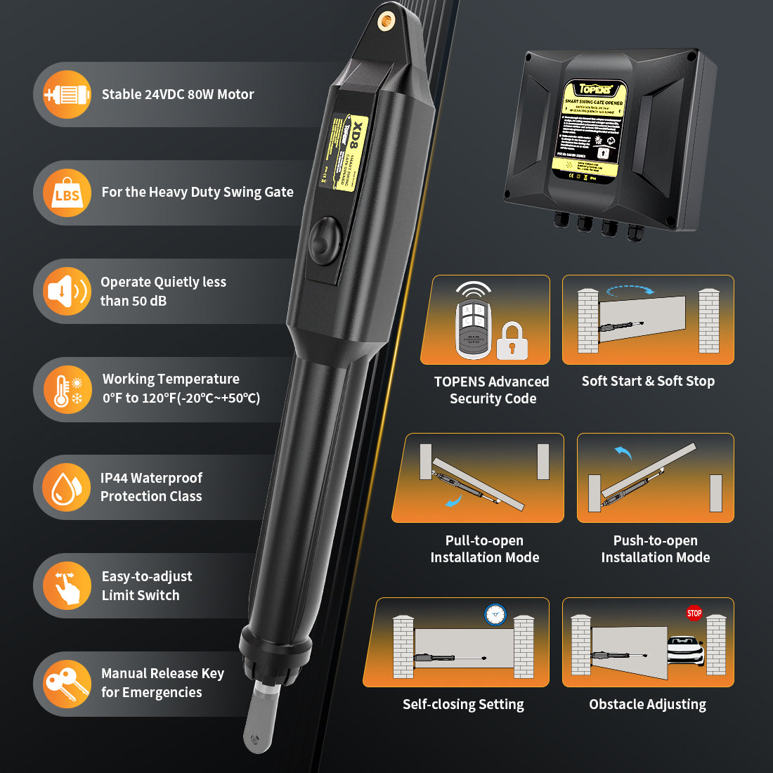 TOPENS XD851 Smart Single Swing Gate Opener with App Control
