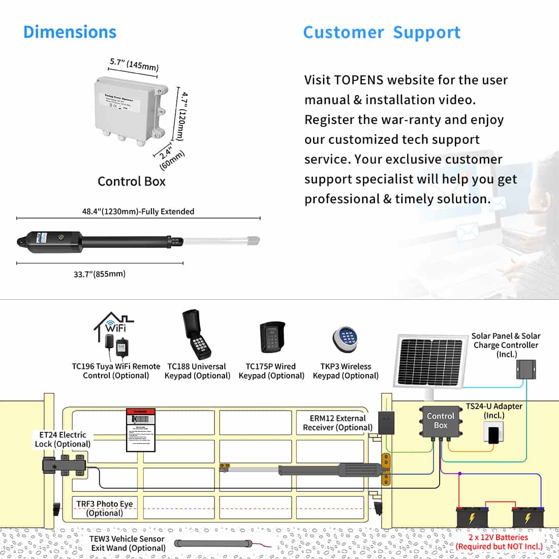 TOPENS A8S Heavy Duty Solar Single Swing Gate Opener