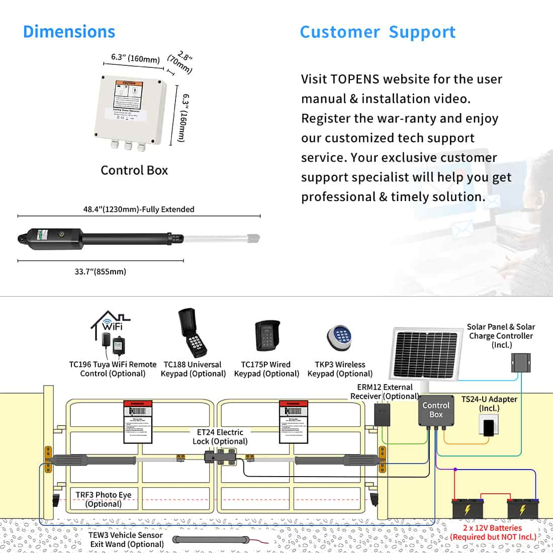 TOPENS AD5S Solar Dual Swing Gate Opener