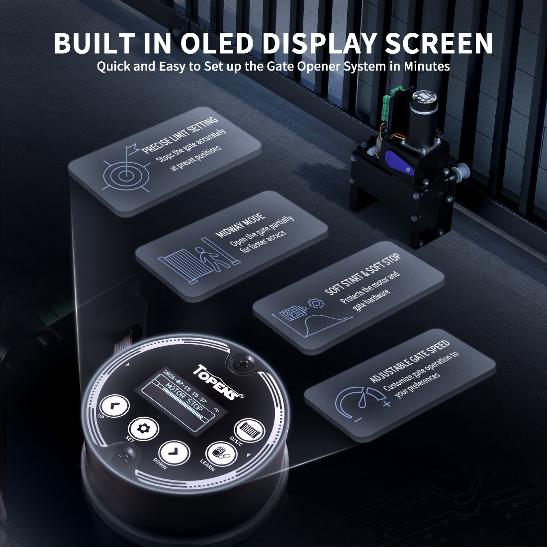 BUILT IN OLED DISPLAY SCREEN with buttons to Quick and Easy to Set up the Gate Opener System in Minutes