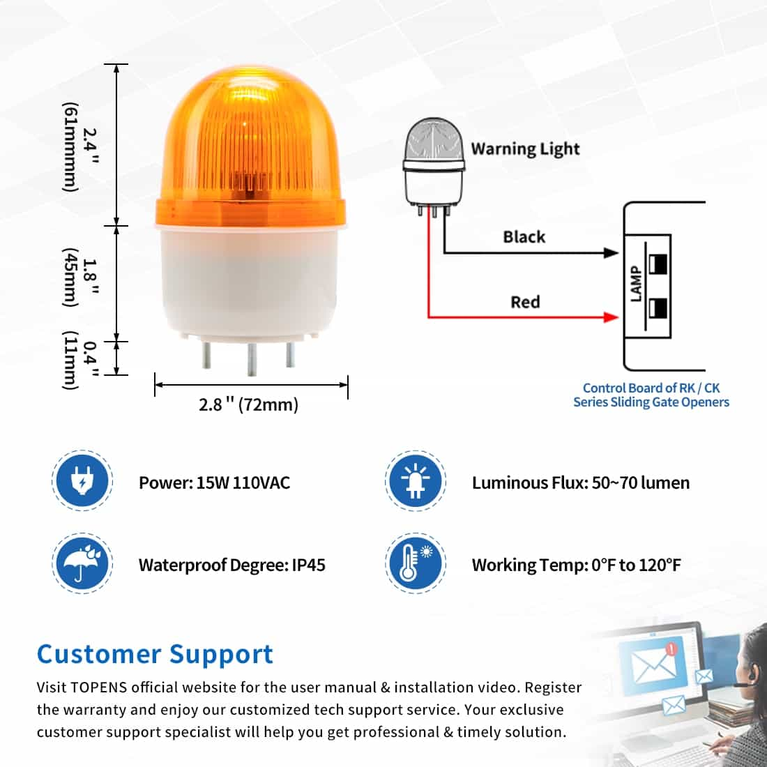 JD110VY 110V Strobe Light Gate Warning Light Dimension and Wire Connection