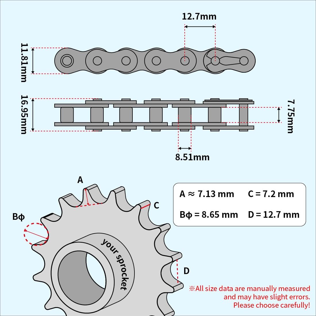 Dimensions of LT08B Roller Chain 20 Feet with 2 Connecting Links for Chain Driven Sliding Gate Opener