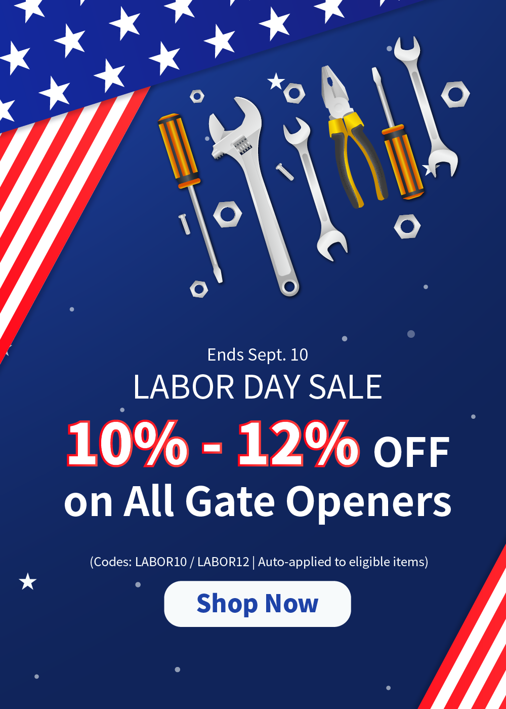  2025 Labor Day Sale - 10% - 12% off Topens gate openers - banner