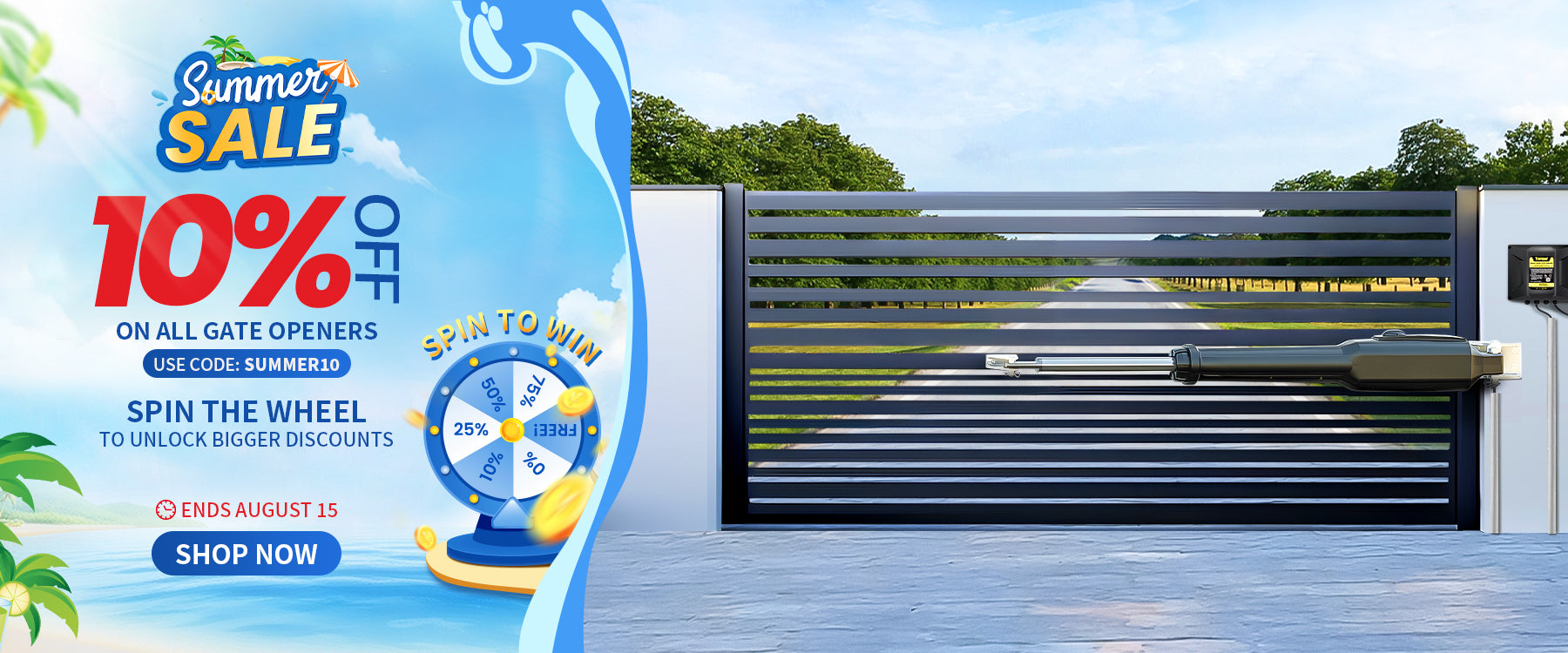Summer sale desktop banner: Save 10% on gate openers with code SUMMER10. Ends August 15.