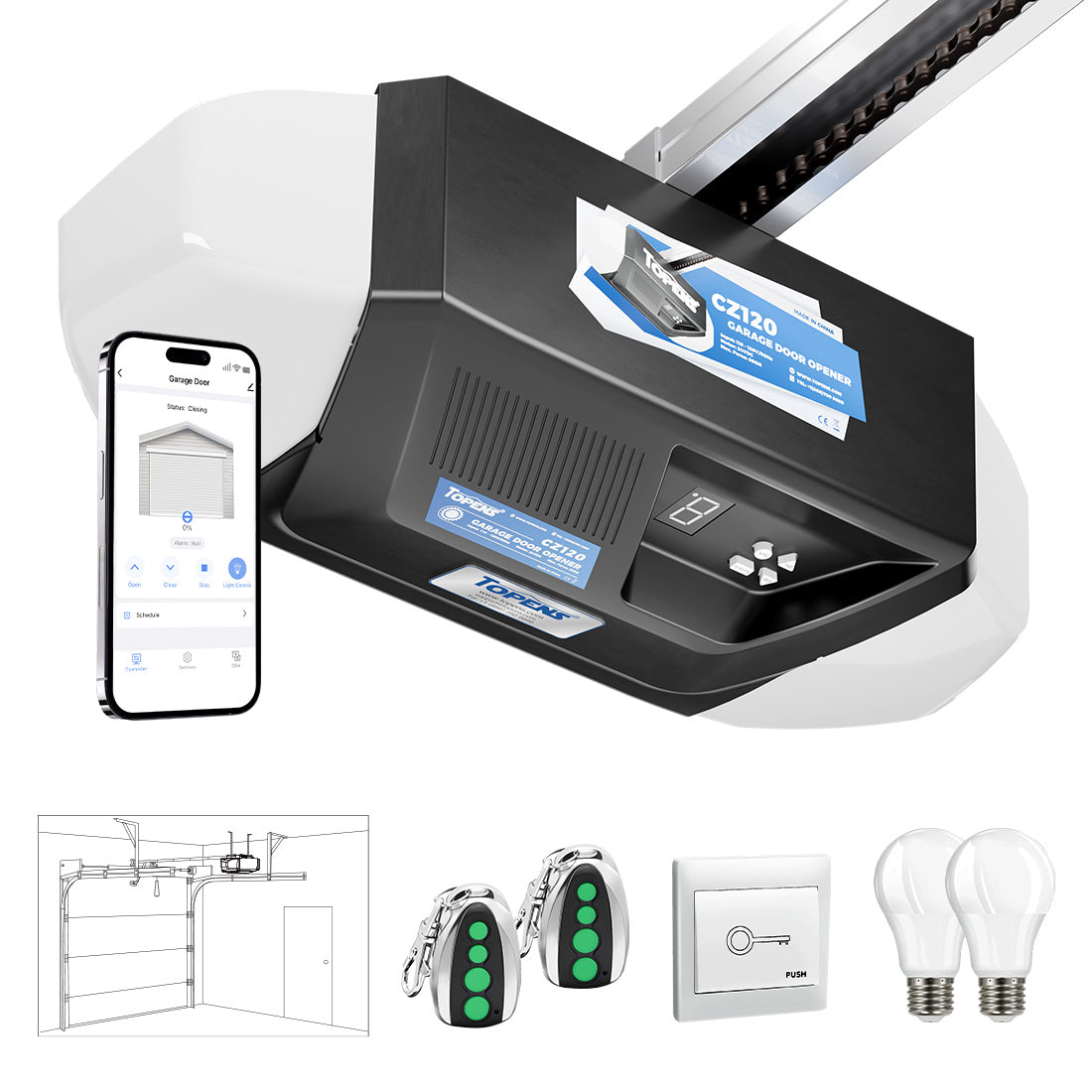 CZ120 Smart Garage Door Opener 800N Chain Drive with WiFi App