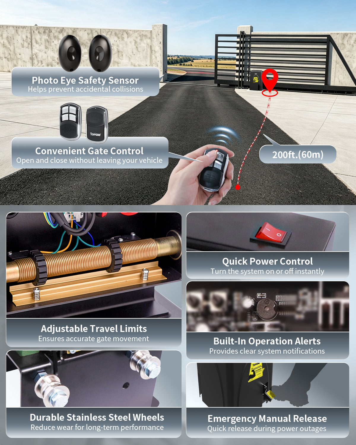 TOPENS DLC2000S Solar Sliding Gate Opener Chain Drive Highlights