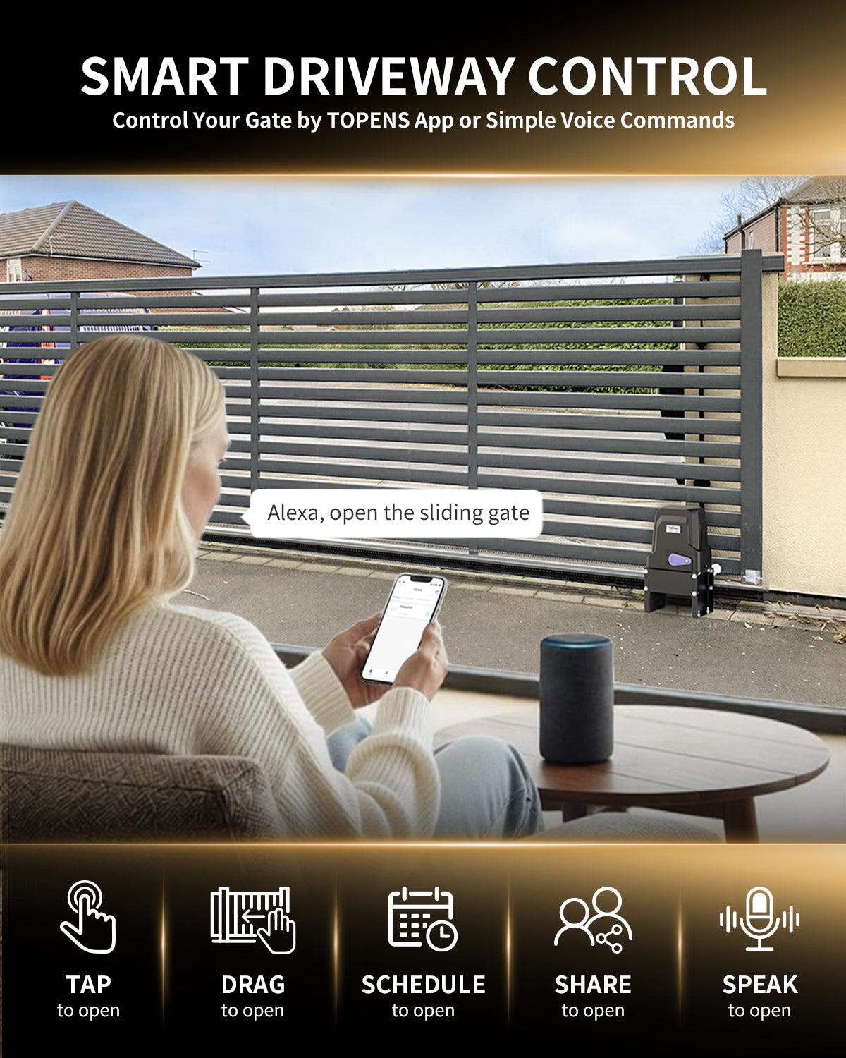 DWC1100S Solar Sliding Gate Opener Chain Drive Smart Driveway Control - Control Your Gate by TOPENS App or Simple Voice Commands