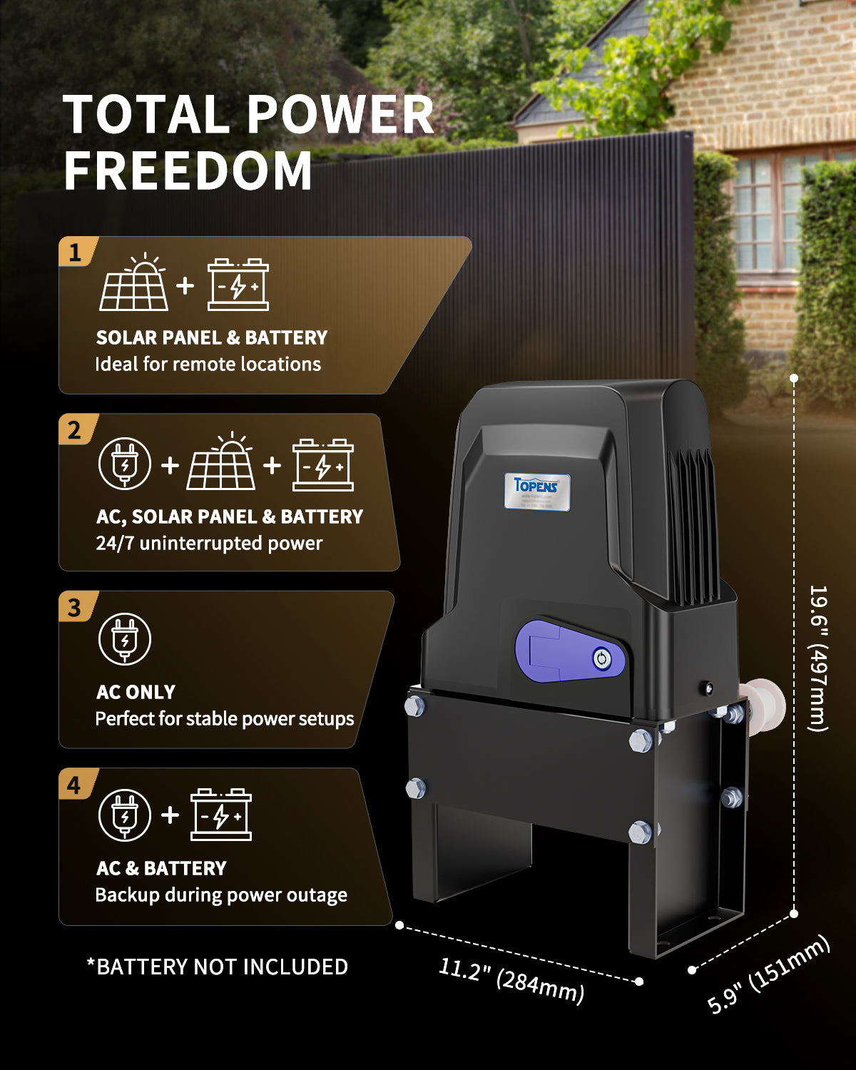 DWC1100S Solar Sliding Gate Opener Chain Drive Total Power Freedom - Support Multiple Power Modes