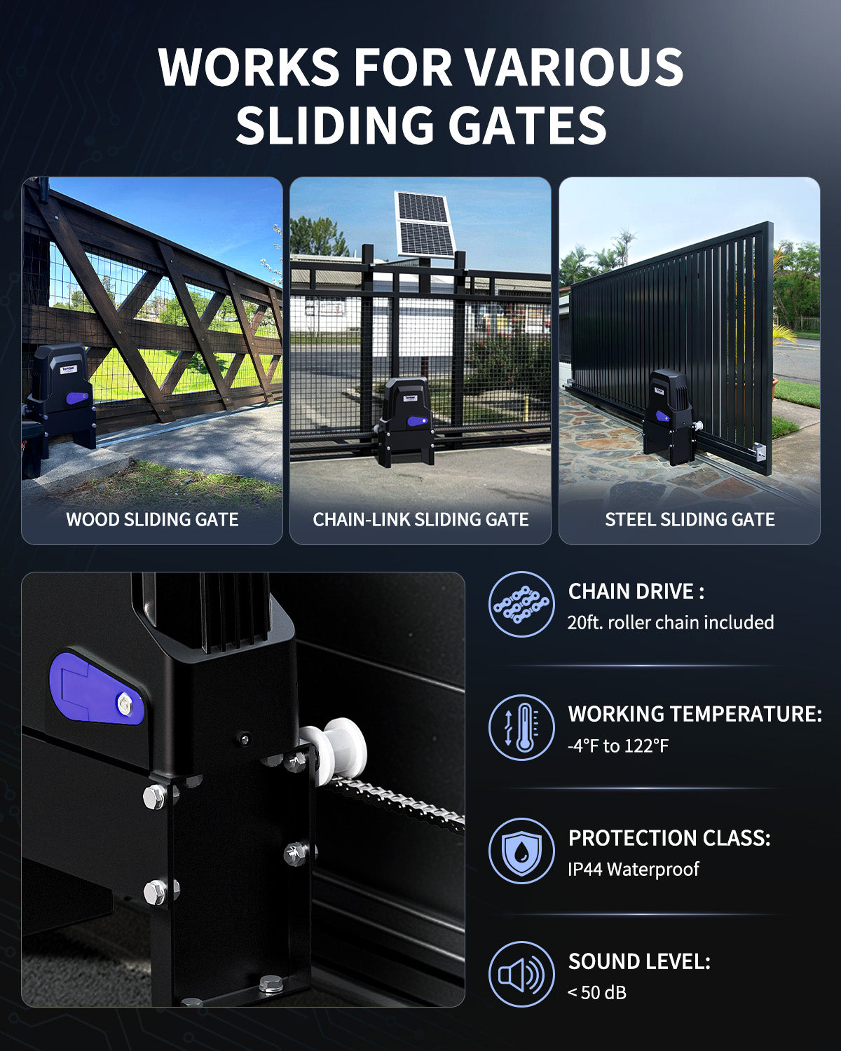 DWC500S Solar Sliding Gate Opener Chain Drive Works for Various Sliding Gates