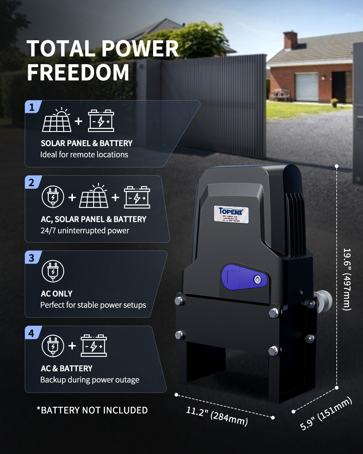 DWC500S Solar Sliding Gate Opener Chain Drive Total Power Freedom - Support Multiple Power Modes