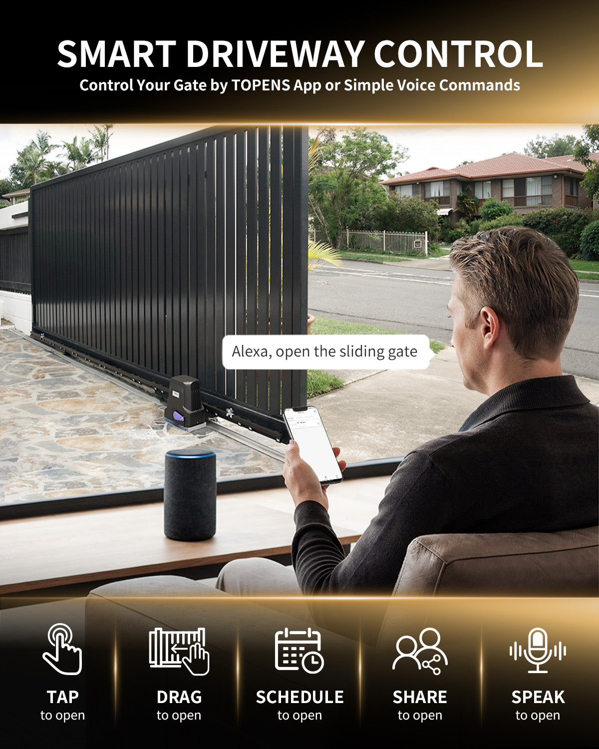 DWR1100ST Solar Sliding Gate Opener Rack Drive Smart Driveway Control - Control Your Gate by TOPENS App or Simple Voice Commands