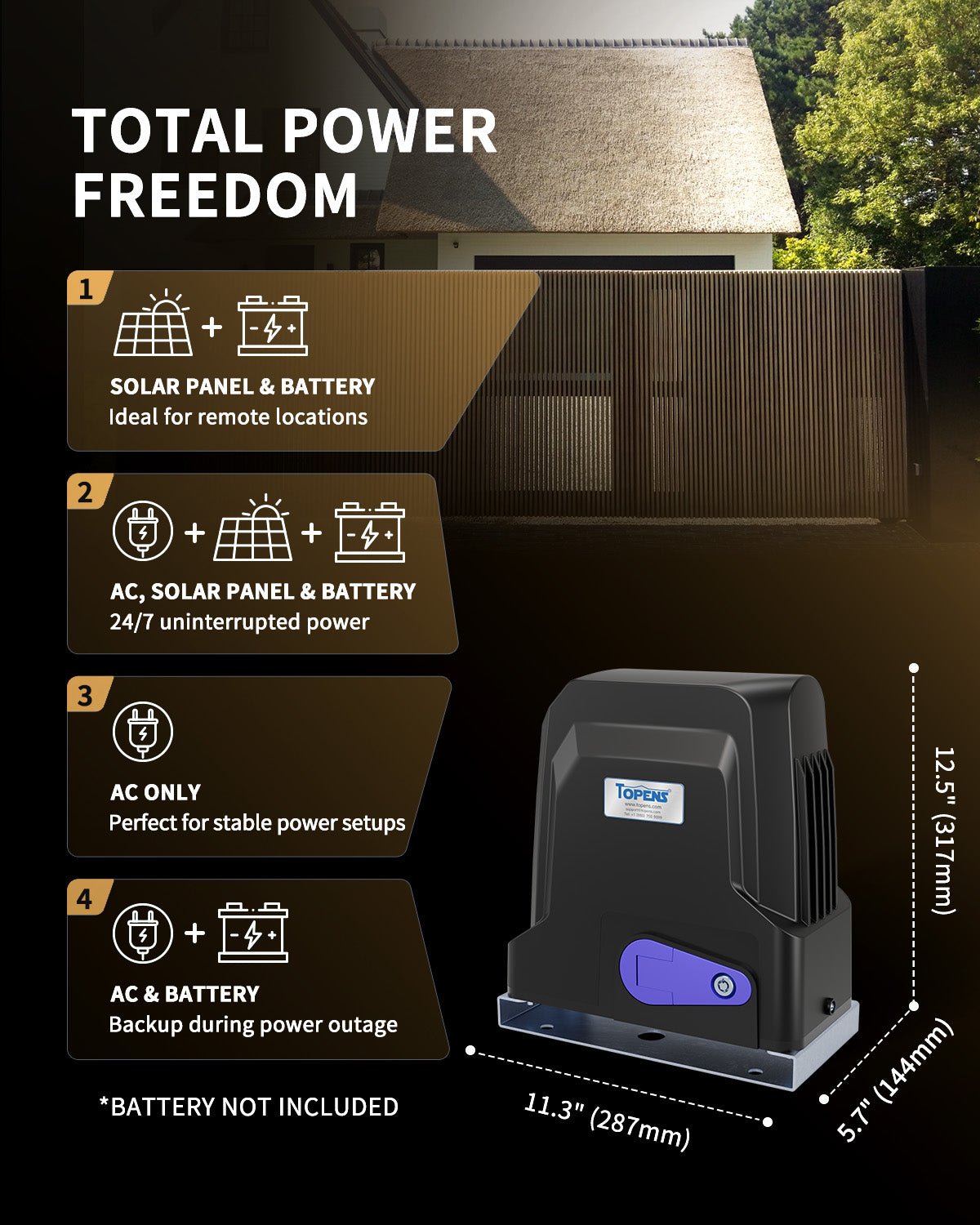 DWR1100ST Solar Sliding Gate Opener Rack Drive Total Power Freedom - Support Multiple Power Modes